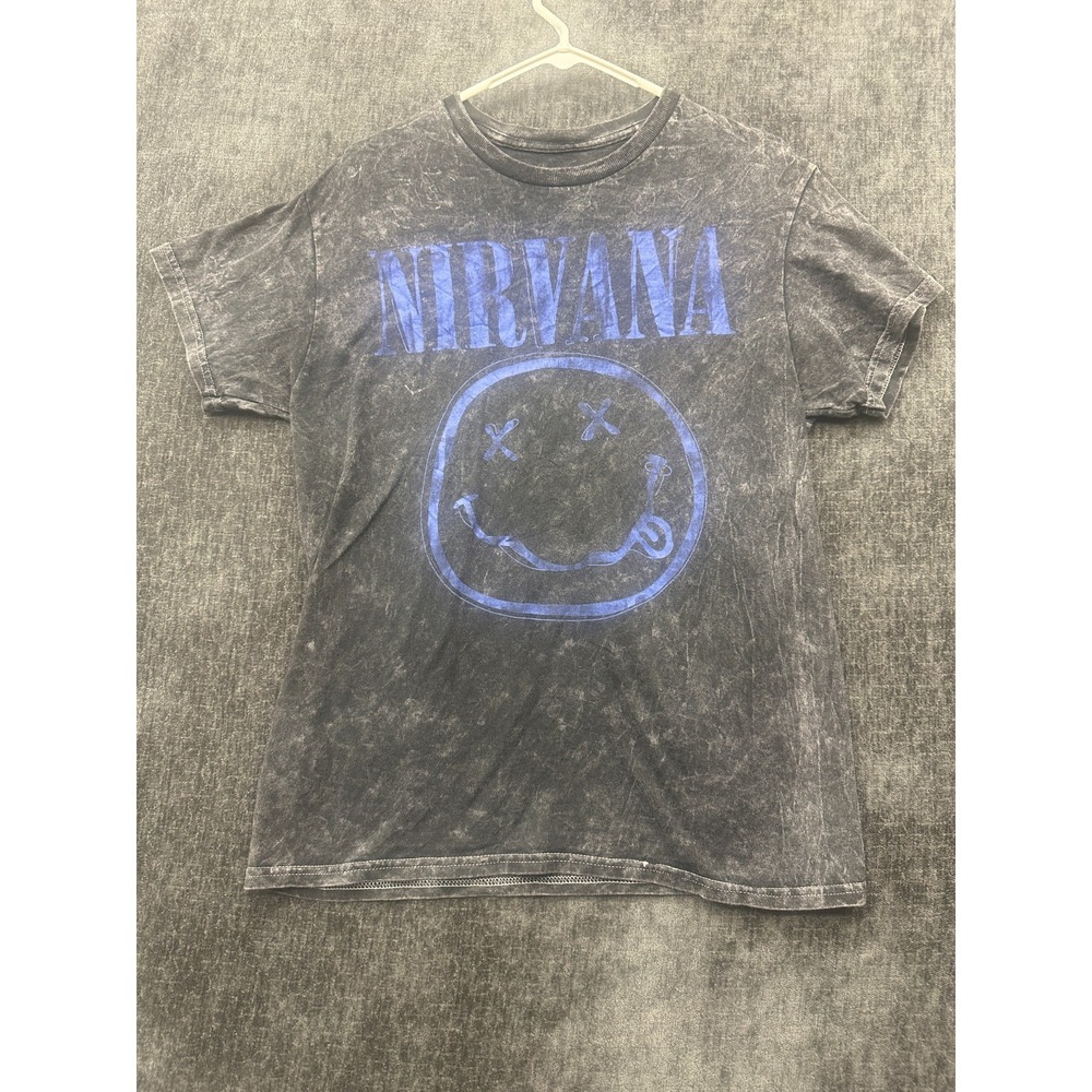 Nirvana T Shirt Men Medium Black Acid Wash Graphic Print Dead Smiley Face Cotton